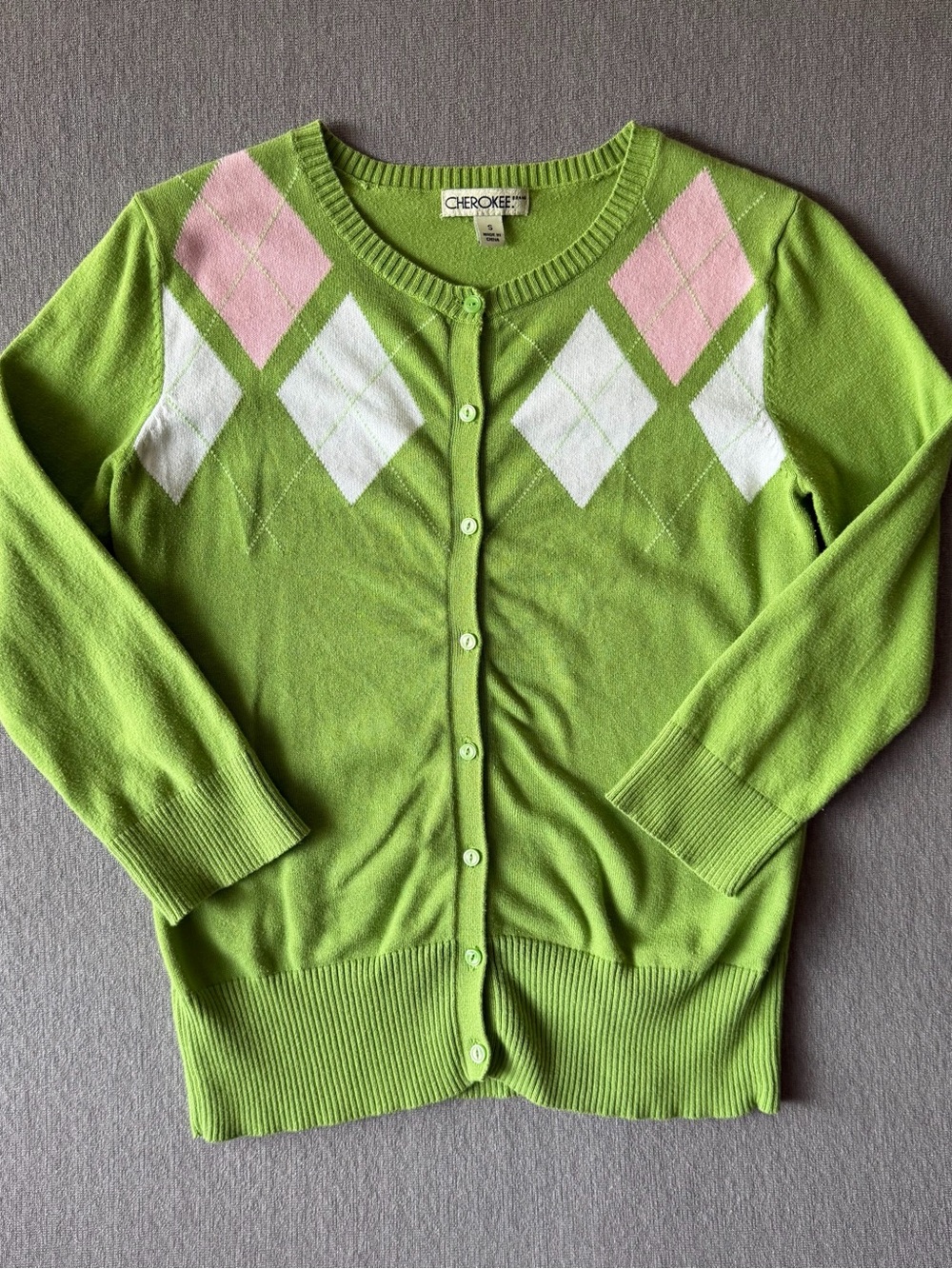 Cherokee Green and Pink Argyle Button-Front Cardigan